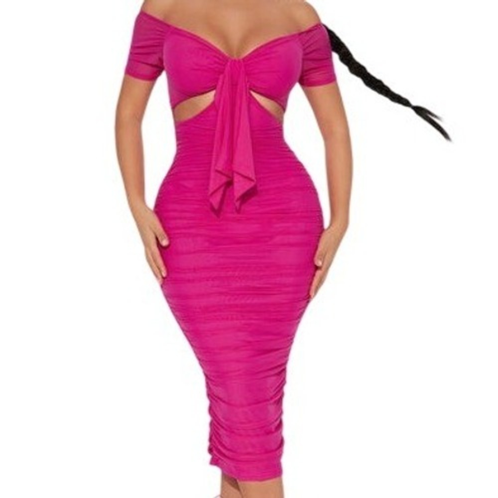 Privy Over-Exposed Hot Pink Sheer Mesh Fuchsia Midi Dress Size Medium